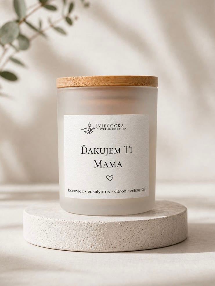 Ďakujem mama - borovica · eukalyptus · citrón · zelený čaj - ručne vyrábaná sójová sviečka